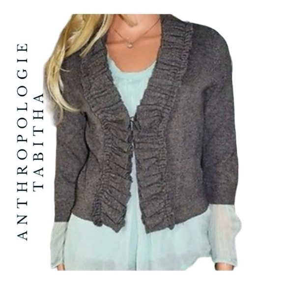 Anthropologie Tabitha Gray Knit Ruffle Cashmere Blend Cardigan Sweater - Picture 1 of 10